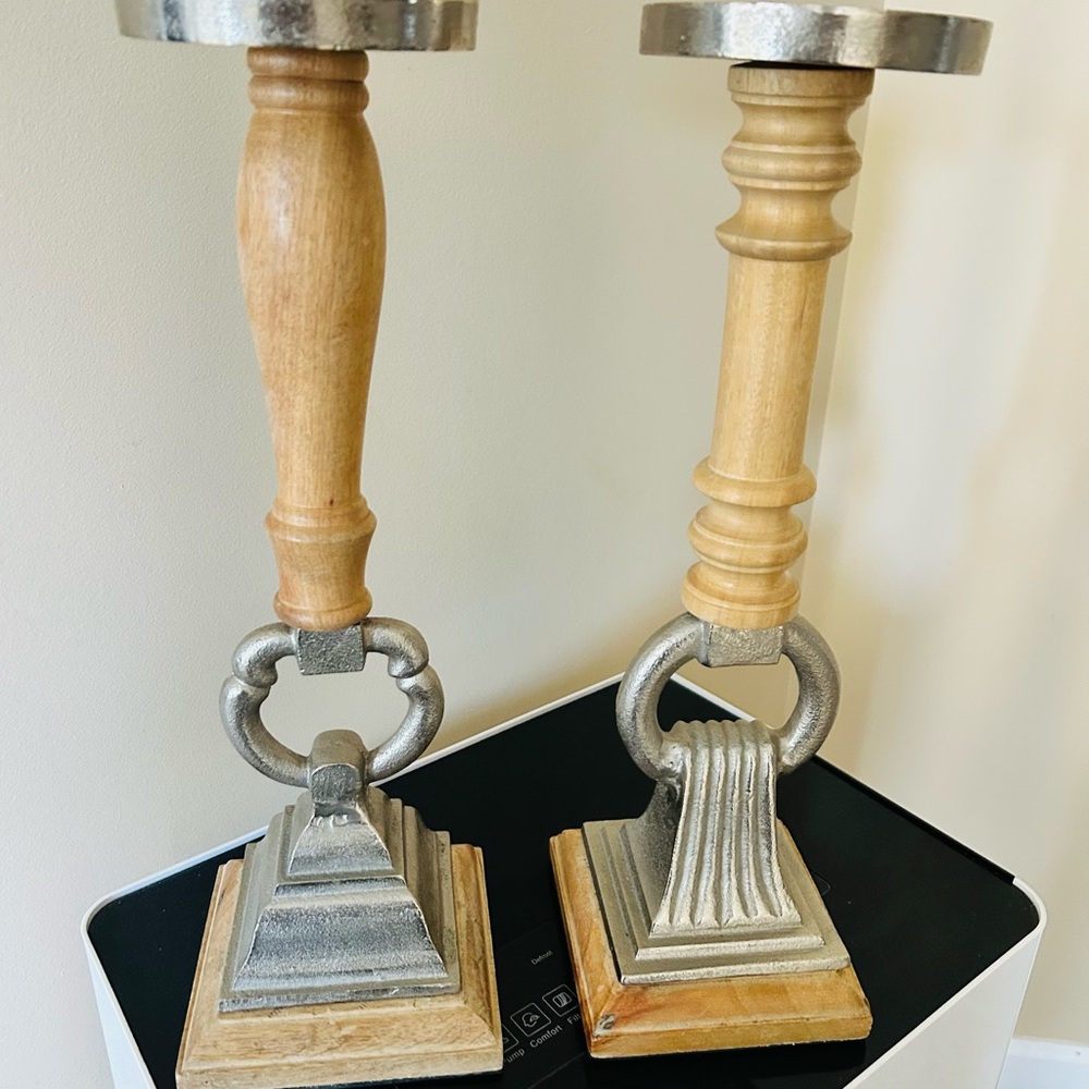 Silver and Brown Candle Holders with Wooden Accents